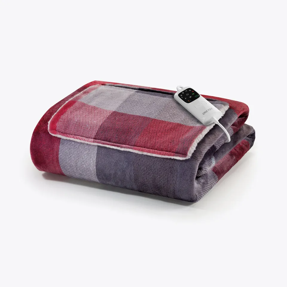 imetec-caldoplaid-adapto-velvet-tartan-heated-blanket-with-hand-and-foot-pocket- image 1
